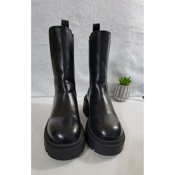H&M Womens Black Leather Pull On Ankle Boots Chunky Heels Round Toe Size 39/8 - Picture 6 of 12